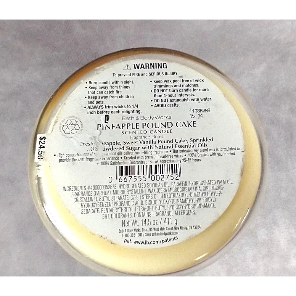 BATH BODY WORKS PINEAPPLE POUND CAKE 3-WICK FILLED SCENTED LARGE 14.5 OZ CANDLE